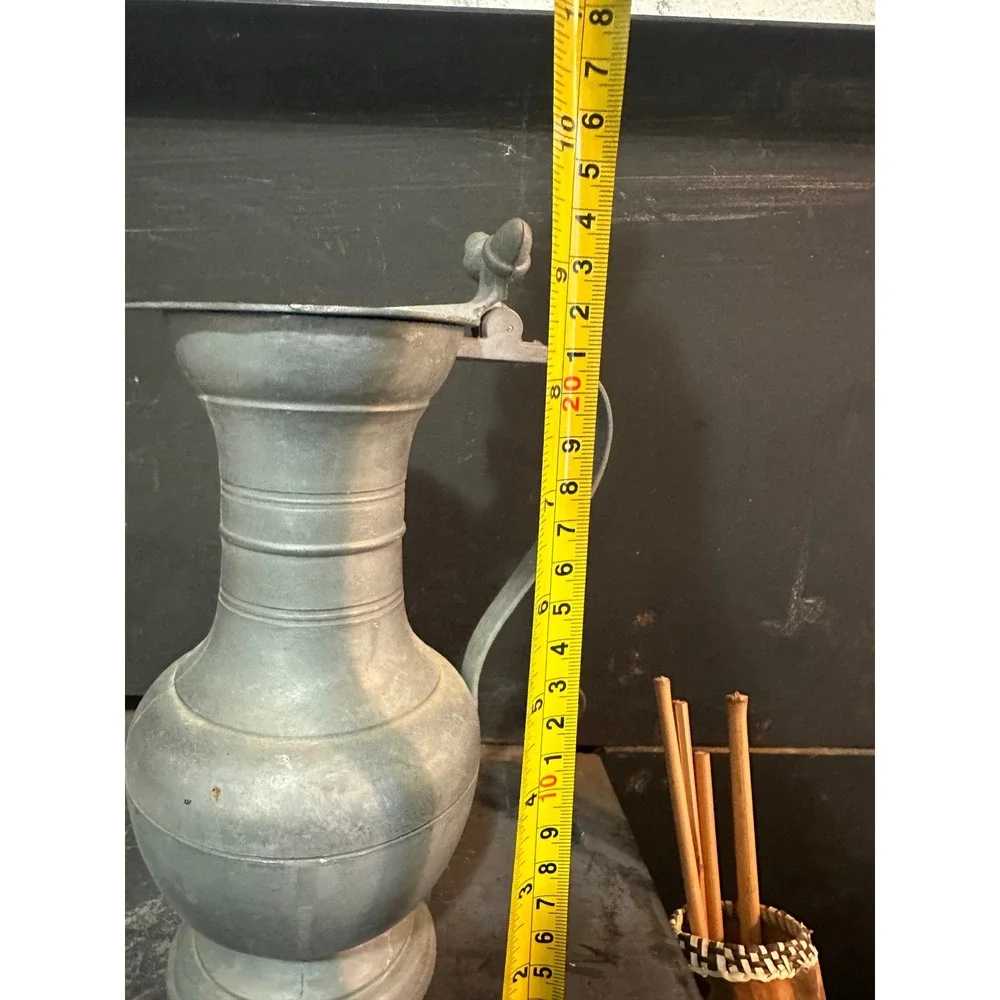 French Flagon Antique Pewter Pitcher Lidded‎ Wine Jug Acorn Thumbpiece Grey 8.5